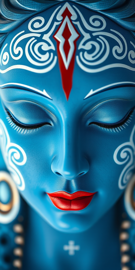 Regenerate an artistic representation of a serene blue deity face with closed eyes, intricate white patterns around the eyes, and a red vertical line on the forehead, using a Canon EOS R5 with a 50mm f/1.2 lens, aperture set to f/3.2, ISO 100, and soft natural lighting for enhanced clarity and detail.