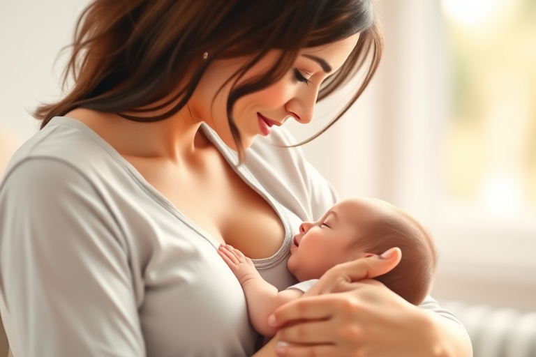 Generate a soft-focus illustration of a mother breastfeeding her baby, using a DSLR camera with a 50mm lens, aperture set to f/1.8, ISO 200, natural lighting, and a shallow depth of field to enhance image quality and detail.