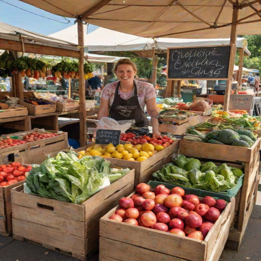 Crisp, detailed photo of a farmer's market stall, bright, colorful fruits and vegetables neatly arranged in wooden crates, a vendor smiling behind the counter, sunlight streaming through a canopy, customers holding reusable bags, soft chatter in the background, price signs handwritten on chalkboards.