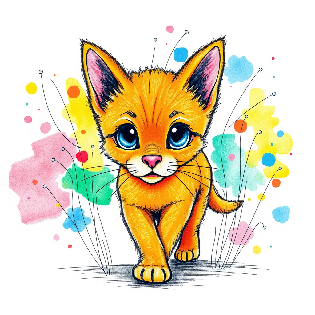 A vibrant childs coloured pencil drawn illustration of a bright orange dog with large, expressive blue eyes, a very cute style. The dog appears to be walking towards the viewer, surrounded by an abstract splash of colors and fine black lines, giving the image a dynamic and artistic flair. The background is a soft beige, highlighting the cat's vivid coloration and playful demeanor. Naively drawn scratchy line style.