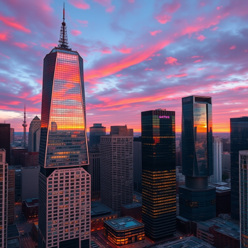 A vibrant cityscape at sunset with skyscrapers reflecting the orange and pink hues of the sky, taken with a Canon EOS R5, 35mm lens, aperture f/8, ISO 100, shutter speed 1/125 sec, shot from a high vantage point for a dynamic perspective.