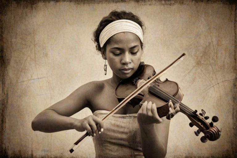 a young Torres Strait Islander woman with a white headband playing a violin, in the style of a charcoal drawing, sepia grunge background