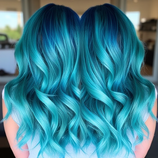 Mermaid's Treasure Tresses feature a captivating ombre effect transitioning from deep teal at the roots to shimmering turquoise at the ends, styled in loose beachy waves