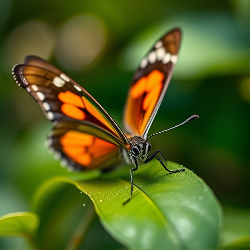 Capture a close-up of a vibrant butterfly resting on a green leaf with a shallow depth of field, using a Canon EOS R5 with a 100mm macro lens, aperture set to f/2.8, ISO 200, shutter speed at 1/200 sec, natural lighting for enhanced color detail.