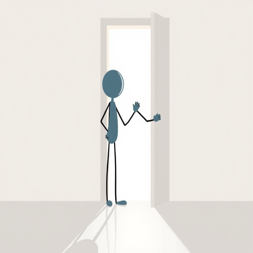 Create an illustration of two stick figure characters interacting at a door, one entering and one exiting, with a clean, minimalist design, soft shadows, and bright lighting, using a 35mm lens at f/2.8, ISO 100, with a wide angle view, rendered in high resolution using a digital art style.