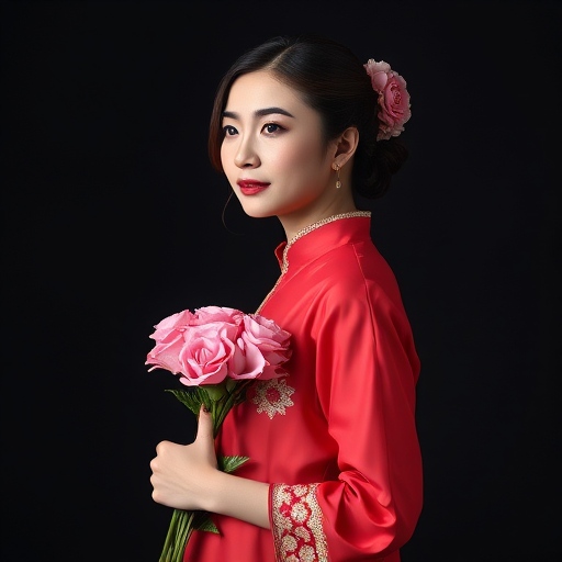 portrait of a woman in a red traditional dress holding pink flowers against a dark background, soft lighting with a spotlight effect, camera settings: f/2.8, ISO 100, 1/200s, camera view: side profile, camera style: high dynamic range, camera type: DSLR