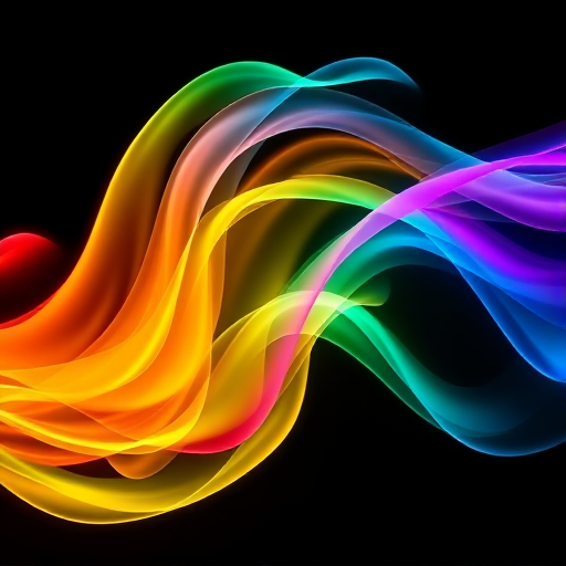 Create a vibrant and dynamic representation of a colorful wave or stream of energy with fluid, glowing textures in red, orange, yellow, green, blue, and purple on a black background, using a Canon EOS 5D Mark IV with a 50mm lens at f/2.8, ISO 100, and a shutter speed of 1/125s, capturing a sharp focus and rich detail in a high-resolution format.