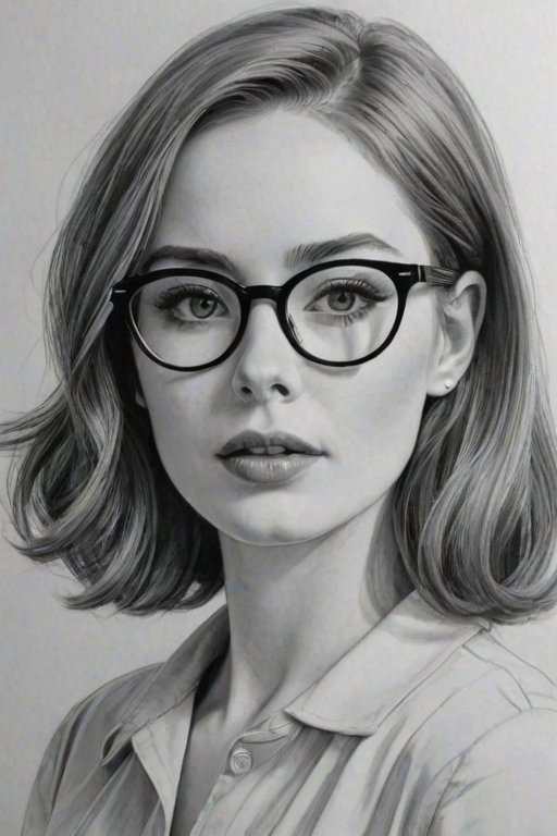 Lovely Karen Gillan, pencil sketch, portrait of Sublime woman 1955s in glasses, hair style beatnik, outline, clear lines, fine lines, 8k