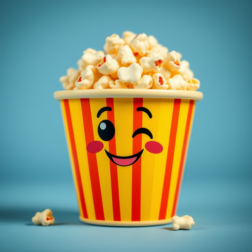 Generate a cute cartoon popcorn bucket with a happy face, bright colors, and exaggerated features, captured in a close-up shot with a Canon EOS 5D Mark IV, f/2.8 aperture, ISO 100, 50mm lens for enhanced image quality.