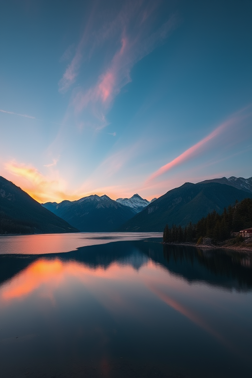 Create a vibrant landscape of a serene lake at sunset, with mountains in the background, captured with a Canon EOS R5 using a 24-70mm f/2.8 lens, at f/8, ISO 100, with a wide-angle view and HDR imaging for enhanced details and colors.