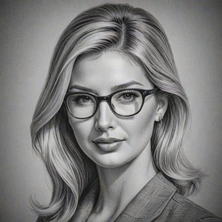 Stunning Ivanka Trump, pencil sketch, portrait of Wonderful woman 1947s in glasses, hair style beatnik, outline, clear lines, fine lines, 8k