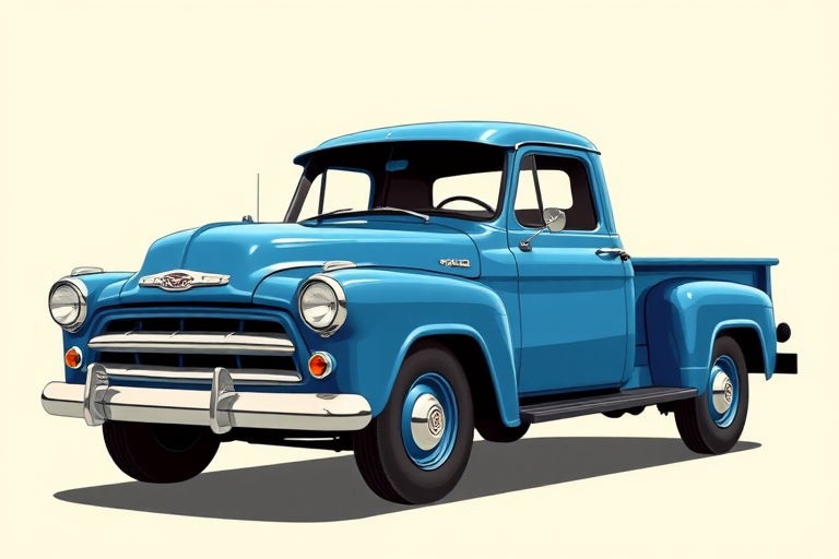 Create a high-quality vector illustration of a vintage blue pickup truck with a simple background, using a 50mm lens, f/8 aperture, 1/250 shutter speed, and soft lighting, capturing a slightly angled view to emphasize the truck's design.