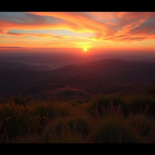 Generate a high-resolution image of a serene landscape at sunset, using a Canon EOS R5 with a 24-70mm f/2.8 lens, 1/125 sec shutter speed, ISO 100, f/8 aperture, wide-angle view capturing vibrant colors and soft lighting.