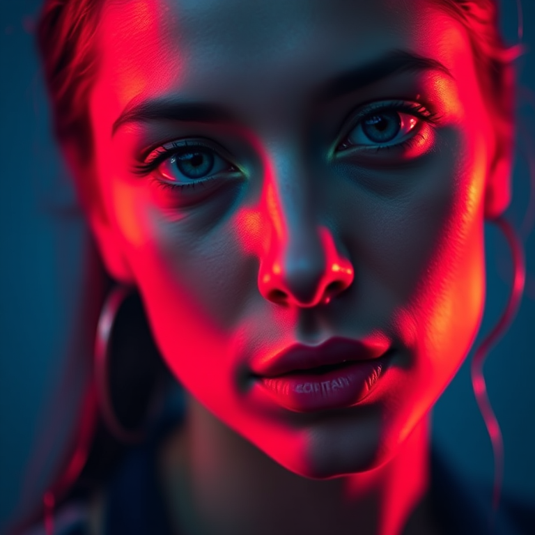 Regenerate a close-up, high-contrast portrait of a woman with a vivid color palette featuring blue and red hues, medium depth of field, ISO 100, aperture f/2.8, shutter speed 1/125 sec, shot on a DSLR camera with a 50mm lens.