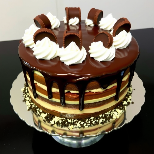 A beautifully decorated chocolate cake with layers of creamy frosting topped with chocolate ganache and dollops of whipped cream, adorned with chocolate cups and crushed candy on the sides, presented on a silver cake stand.