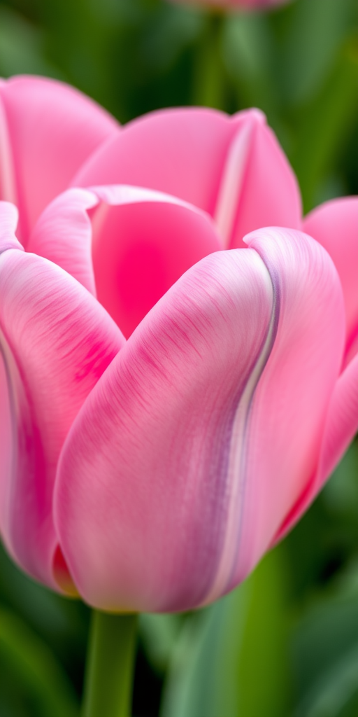 a close-up of a delicate pink tulip flower with soft petals and subtle blue streaks, against a blurred green background