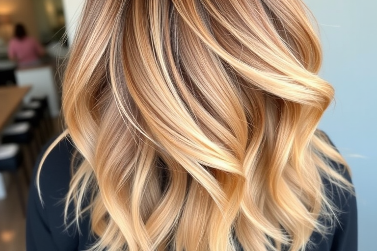 Warm caramel balayage in the "Honey Drizzle" style flows in beachy waves with sun-kissed dimension and movement
