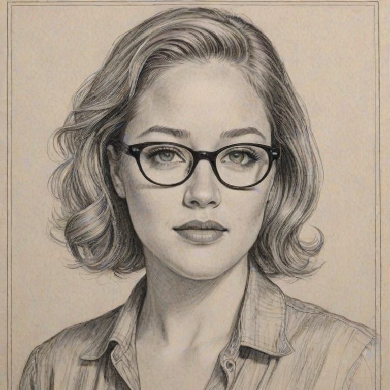 Lovely Erika Christensen, pencil sketch, portrait of Superb woman 1931s in glasses, hair style beatnik, outline, clear lines, fine lines, 8k