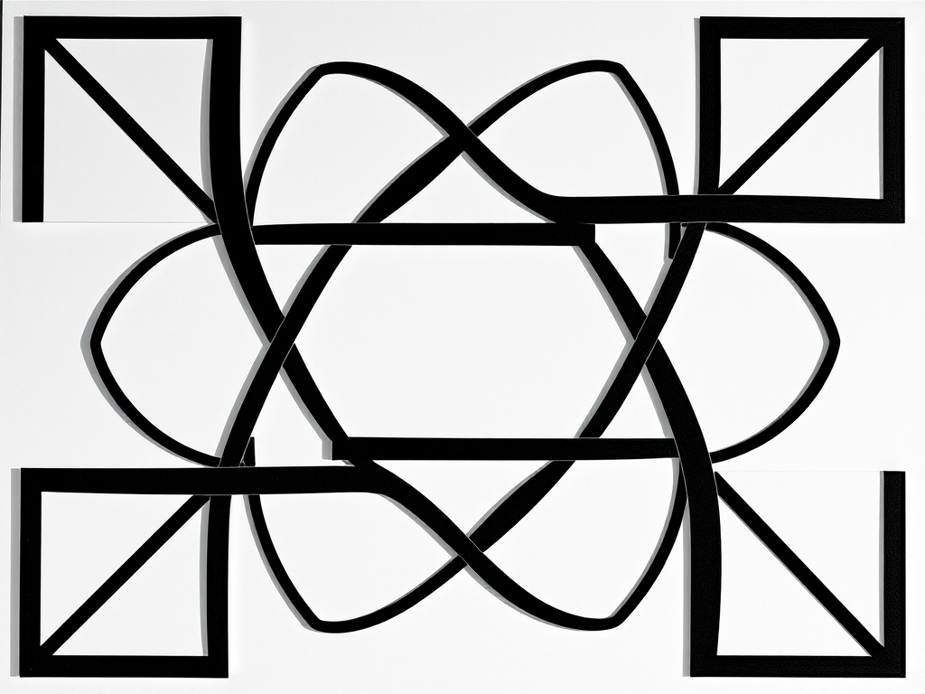 Create an abstract geometric design featuring interlocking shapes in a monochrome color scheme, captured with a DSLR camera at 50mm focal length, f/2.8 aperture, ISO 100, natural lighting, high contrast, and centered composition.