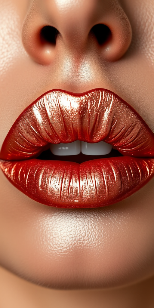 Metallic rose gold woman lips with shimmering finish, reflecting light beautifully, perfect for avant-garde makeup styles