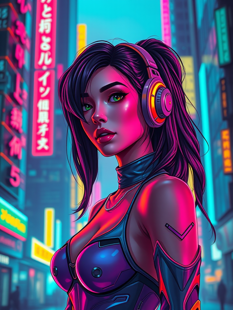 futuristic female character in a neon-lit cyberpunk cityscape, vibrant colors, high contrast, 85mm lens, f/1.8 aperture, ISO 100, shot at twilight, medium shot, photorealistic style, digital camera