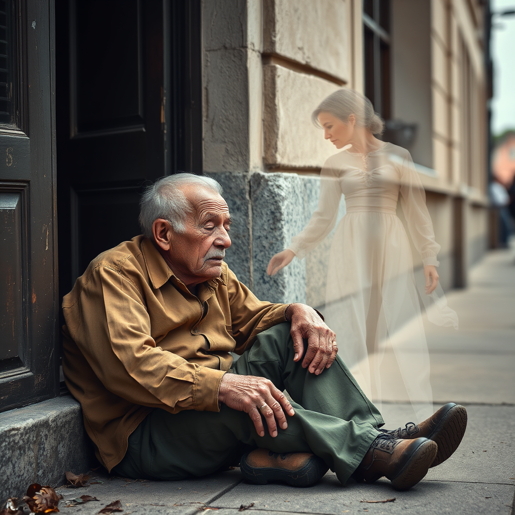 beautifully weathered old homeless veteran sitting on the ground slumping against the wall of a building with his eyes closed. there is an Ethereal, translucent figure of a beautiful elderly woman comforting him