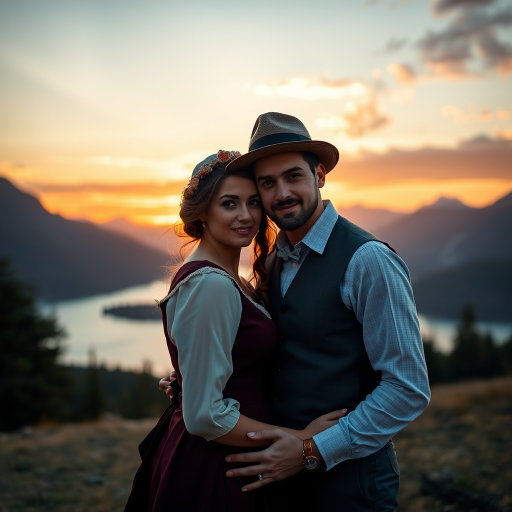 Create a romantic portrait of a couple in vintage attire against a dramatic sunset landscape with mountains and a lake in the background, emphasizing warm tones; use a DSLR camera, 50mm lens, f/1.8 aperture, ISO 100, and a soft focus effect for enhanced depth and quality.