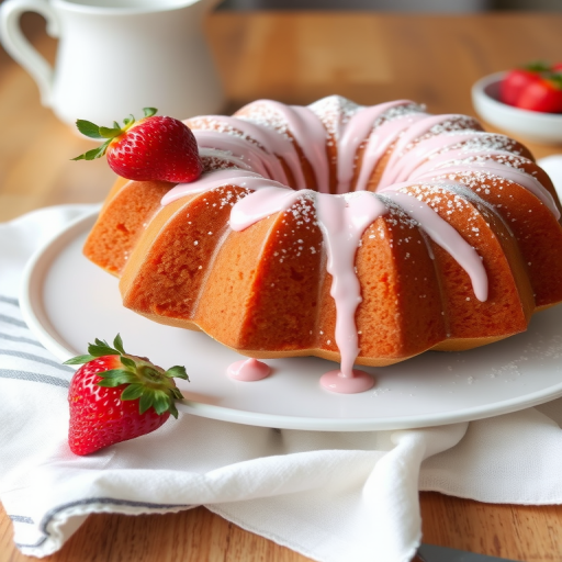 A beautifully decorated bundt cake with a light pink icing drizzle on top, garnished with powdered sugar and a fresh strawberry on the side, placed on a white plate with a striped linen underneath and a small pitcher in the background.
