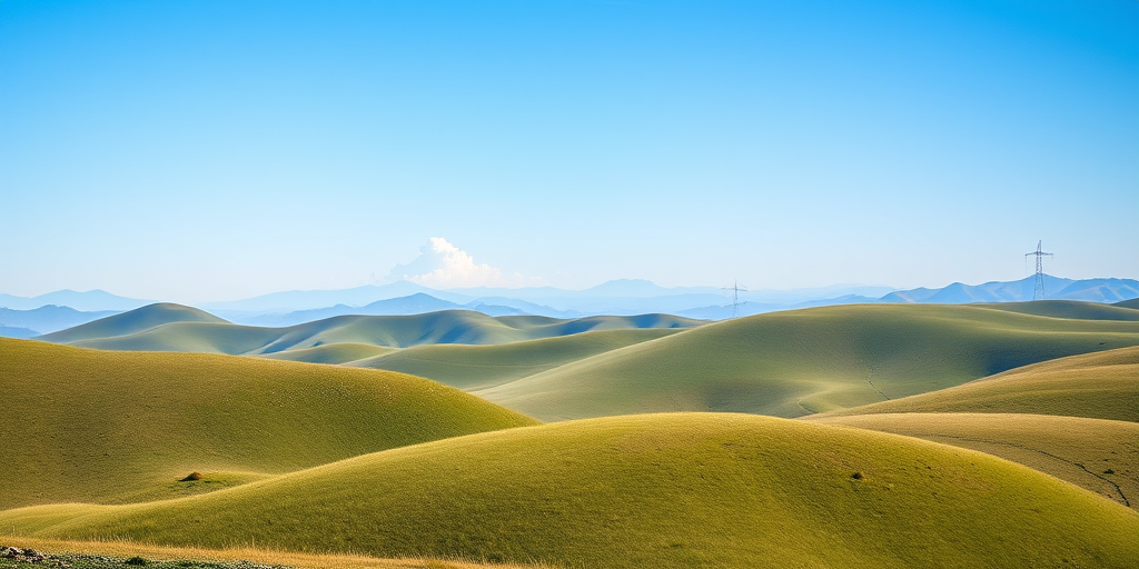 Create an image of a serene landscape with rolling hills and a clear blue sky, captured with a Canon EOS R5 at 24mm, f/8, ISO 100, 1/125s, in landscape orientation, using a wide-angle lens for enhanced depth and clarity.