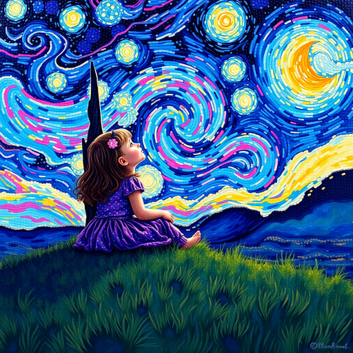A young girl sitting on a grassy hill, looking up at the starry night sky painted in the style of Vincent Van Gogh's famous "Starry Night". The entire image is composed of tiny dots, giving it a dreamlike and illusionary quality. The girl is surrounded by vibrant colors and swirls in the sky, with stars twinkling above her