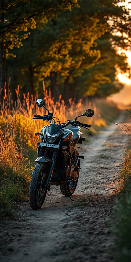 a motorcycle parked on a dirt path surrounded by tall grass and trees during golden hour light