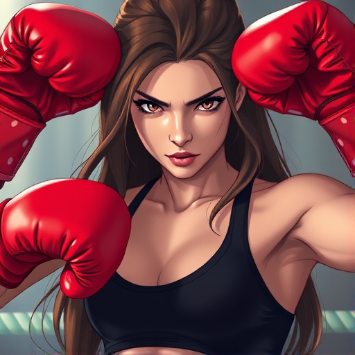Create a high-resolution illustration of a strong female boxer with long hair, wearing red gloves and a black sports bra, facing the viewer with a determined expression, use a Canon EOS R5 with a 50mm f/1.2 lens, 1/200 second exposure, f/1.8 aperture, ISO 100, natural lighting with a soft focus background.