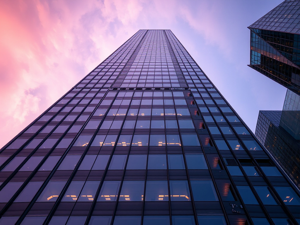 high-angle shot of a modern skyscraper with reflective glass windows during twilight, ISO 100, f/8, 1/200s, HDR photography, wide-angle lens, DSLR camera