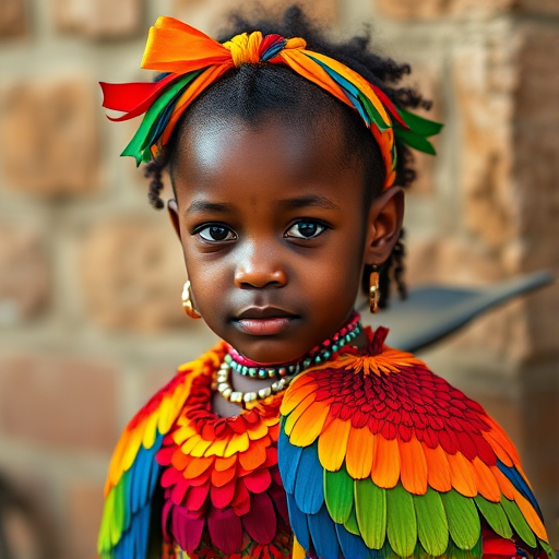 A beautiful Cape Verdean girl, wearing colorful bird clothing with vibrant colors
