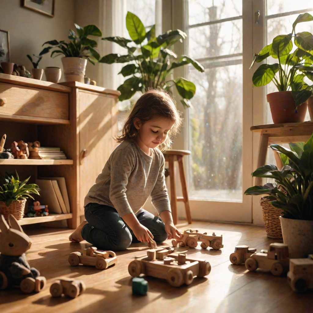 Warm, intimate image of a child playing with wooden toys on a living room floor, soft sunlight streaming through a window, shadows from houseplants dancing on the walls, the smell of fresh coffee brewing in the background.