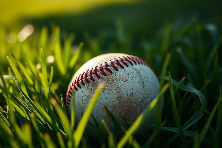 A close-up of a dirty baseball resting on lush green grass with a shallow depth of field, f/2.8 aperture, 85mm lens, ISO 100, natural sunlight, taken with a DSLR camera from a low angle to emphasize texture and detail.