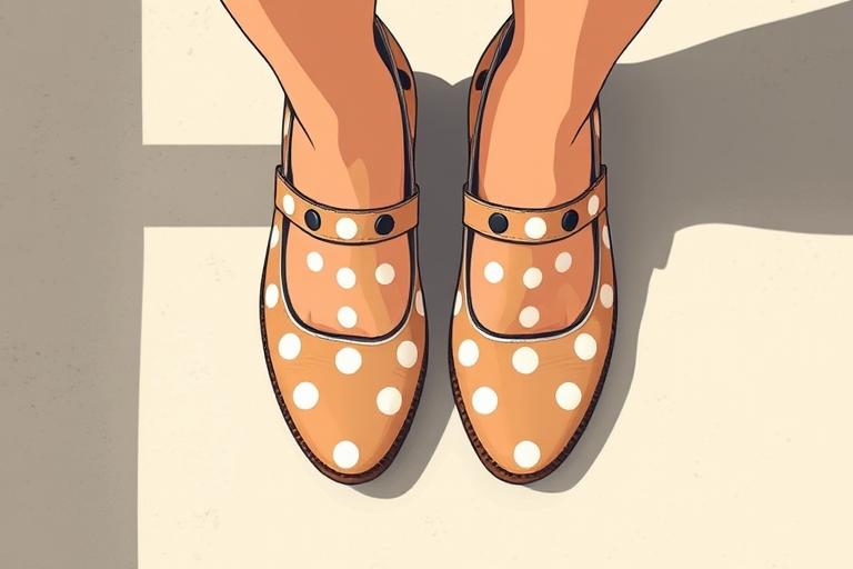 Create a detailed illustration of a pair of stylish polka dot shoes, captured with a 50mm lens at f/2.8, using a top-down view with soft natural lighting, in a high-resolution digital format.