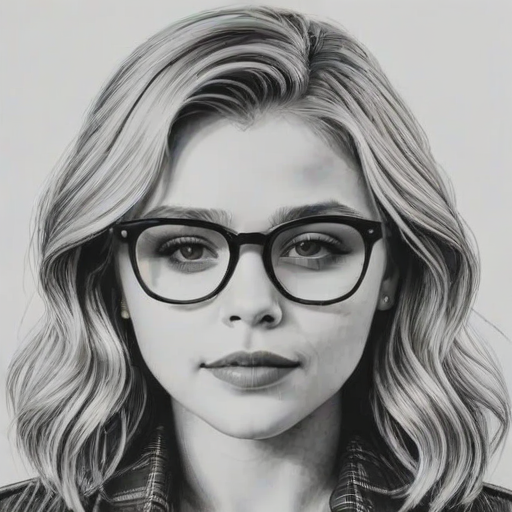 Elegant Chlo' Grace Moretz, pencil sketch, portrait of Resplendent woman 1947s in glasses, hair style beatnik, outline, clear lines, fine lines, 8k