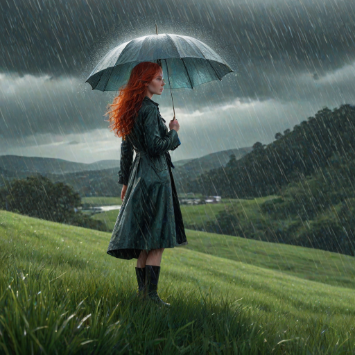 A surreal hand-drawn digital artwork depicting a mysterious red-haired woman standing on a grassy hill under the rain. She holds an umbrella crafted from iridescent zircon, its vibrant sheen contrasting with the soft, rainy atmosphere. The scene feels dreamlike, blending the natural elements of the hill and rain with the otherworldly shimmer of the umbrella.