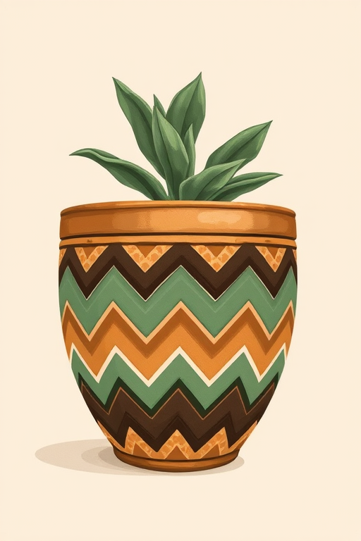 Create a detailed illustration of a decorative pot featuring a chevron pattern in earthy tones of green and brown, positioned on a plain backdrop, captured using a DSLR camera at f/4.0 aperture, ISO 100, with a 50mm lens and soft diffused lighting to enhance the colors and textures.