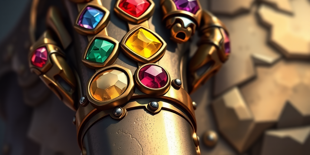 Create a highly detailed illustration of a gauntlet with colorful stones, using a macro lens, aperture f/2.8, ISO 100, natural lighting, from a slightly angled top-down view, in a digital art style.