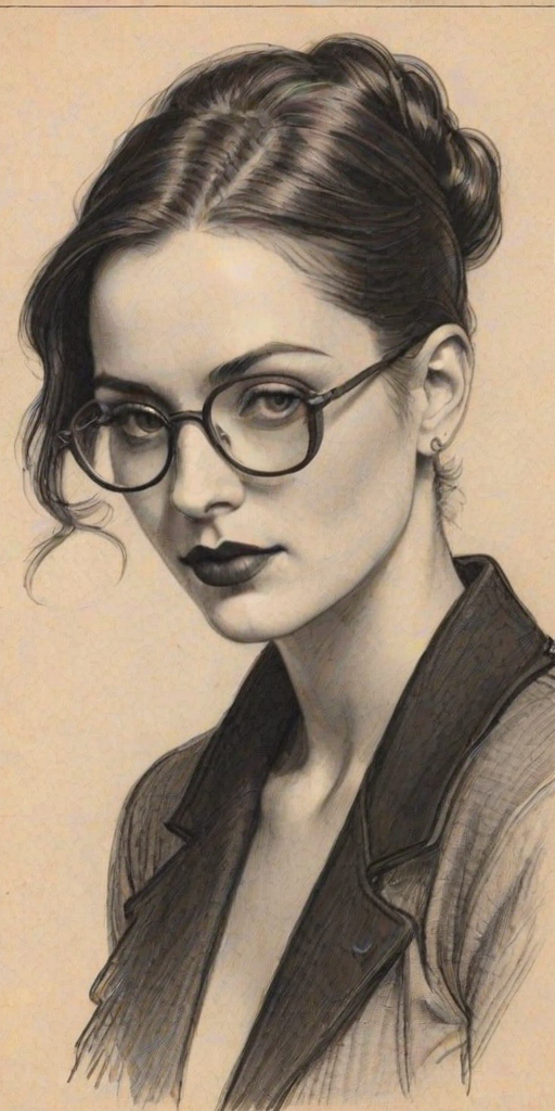 Resplendent Raven Symon', pencil sketch, portrait of Stunning woman 1929s in glasses, hair style beatnik, outline, clear lines, fine lines, 8k
