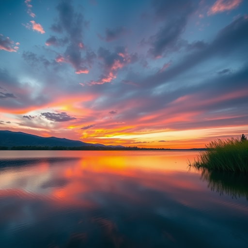 Create an image of a serene landscape with a sunset over a calm lake, using a DSLR camera with a 50mm lens, aperture f/1.8, ISO 100, shutter speed 1/125 seconds, in a wide-angle view to capture reflections in the water, with vibrant colors and high contrast for a dramatic effect.