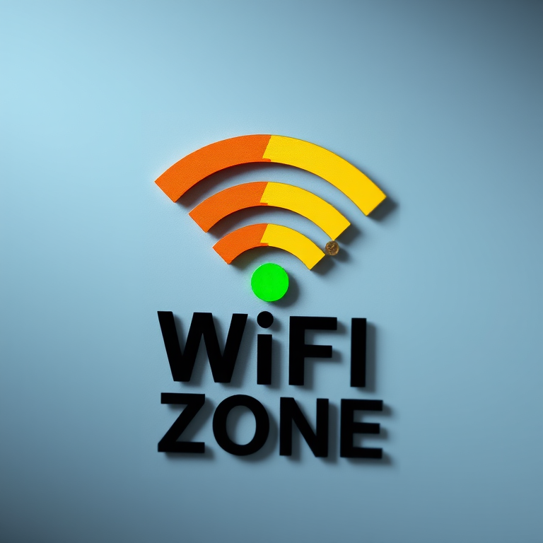 Create a high-resolution image of a WiFi logo with a vibrant signal icon in orange, yellow, and green, incorporating the text "WiFi FREE ZONE" in bold black letters, using a DSLR camera with a 50mm lens at f/2.8, ISO 100, and a shallow depth of field to enhance visual clarity and focus on the logo, set against a subtle textured background.
