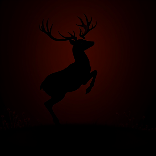 Create a high-resolution silhouette of a leaping deer with antlers against a contrasting background, using a DSLR camera, f/2.8 aperture, 1/500 shutter speed, and ISO 100 to enhance clarity and detail.