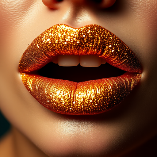 Glittery gold lips that sparkle and shine, catching the light with every movement, creating a glamorous and eye-catching focal point