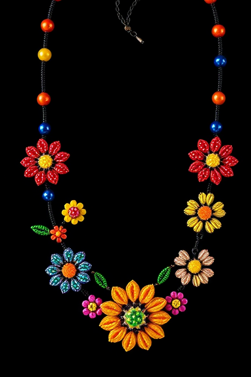 Create a high-resolution image of a colorful beaded floral necklace design on a black background, with a DSLR camera set to f/2.8 aperture, ISO 100, 1/60s shutter speed, shot from a top-down view in macro style to capture intricate details and vivid colors.