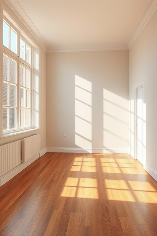 Empty room with wooden floors and sunlight streaming through large windows, soft shadows on the floor, captured with a DSLR camera at f/8, ISO 200, 1/125s, wide-angle view, natural lighting for enhanced quality.