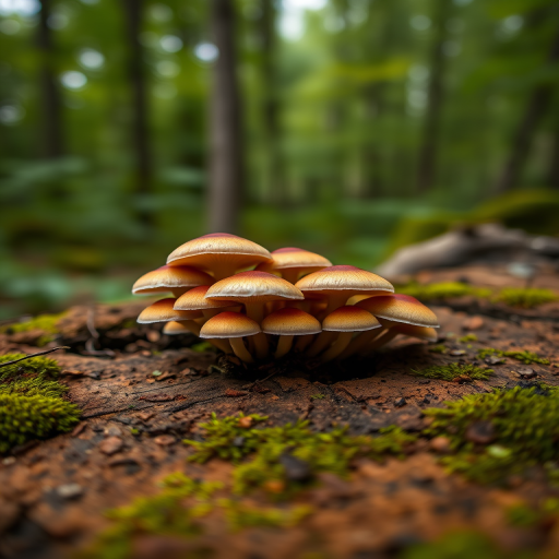 photograph of a cluster of mushrooms on a mossy tree stump in a forest, shallow depth of field, ISO 200, f/4, 1/125 sec, macro lens, natural light, close-up view