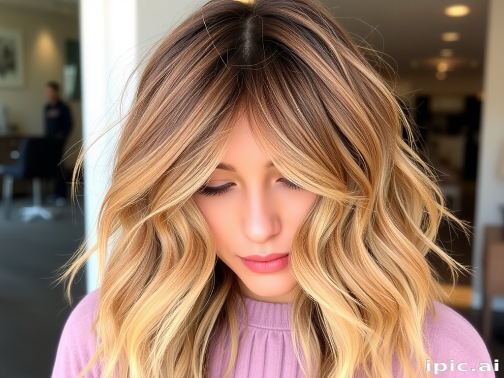 Chic caramel balayage lob dubbed "Golden Hour Glow" with textured wavy layers, rich honey-toned highlights framing face, sun-kissed effect throughout, tousled beachy texture, effortlessly stylish appearance
